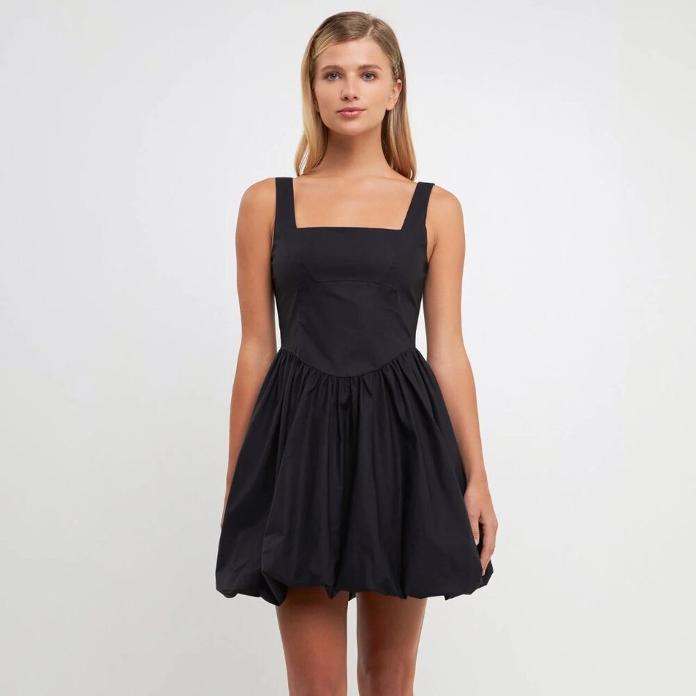 NWOT Poplin Bubble Hem Mini Dress Size S Black Square Neck Drop Waist